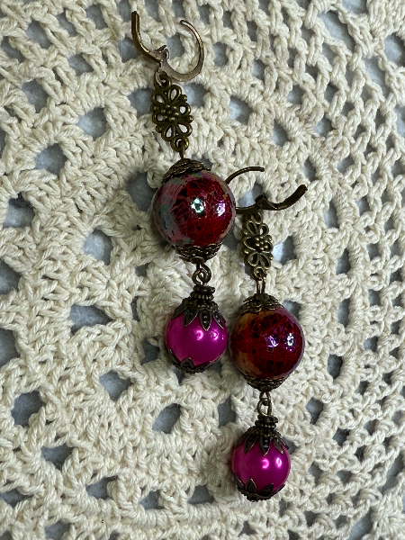 vintage estate ball drop earrings orange & hot pink
