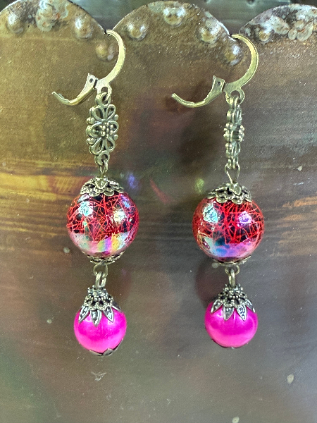 vintage estate ball drop earrings orange & hot pink