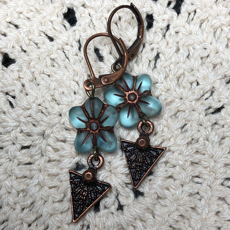 teal flower copper drop earrings