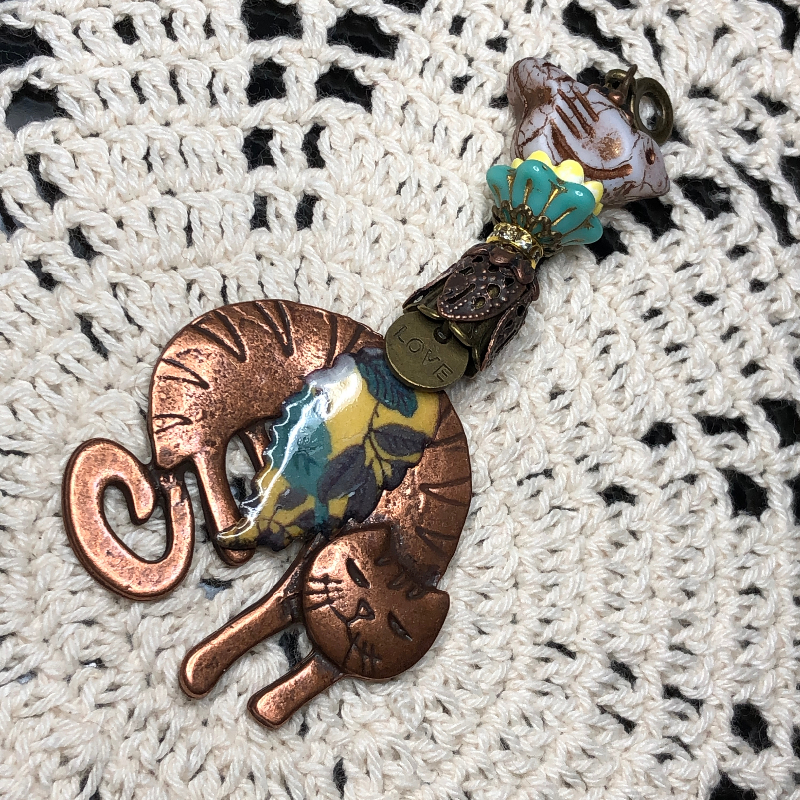 copper cat, yellow & teal leaf, white bird necklace pendant