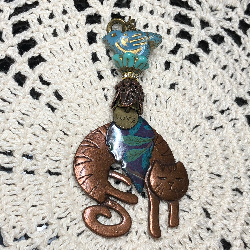 bronze cat, purple/green leaf, blue bird necklace pendant