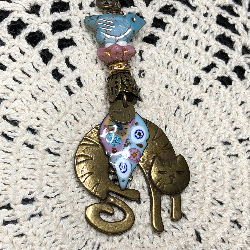 bronze cat, sky blue & petal pink leaf, blue bird necklace pendant