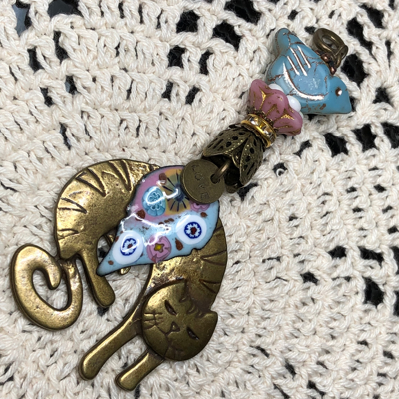 bronze cat, sky blue & petal pink leaf, blue bird necklace pendant