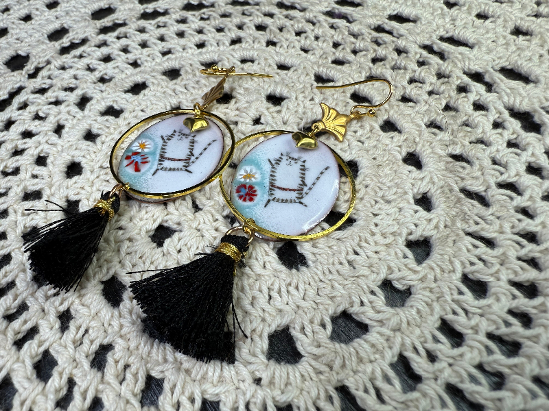 enameled cat earrings