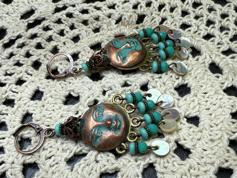 copper moon, mother of pearl earrings