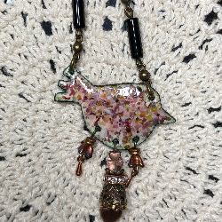 enameled pink spotted bird, black agate necklace pendant