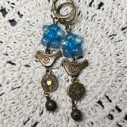 blue glass flower bronze bird earrings