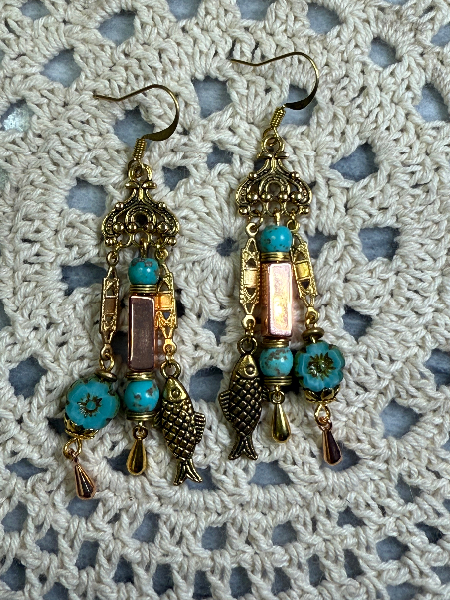 golden fish turquoise floral charming earrings