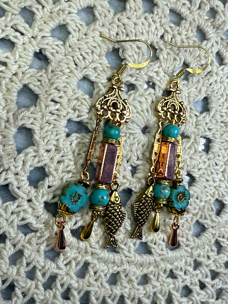 golden fish turquoise floral charming earrings