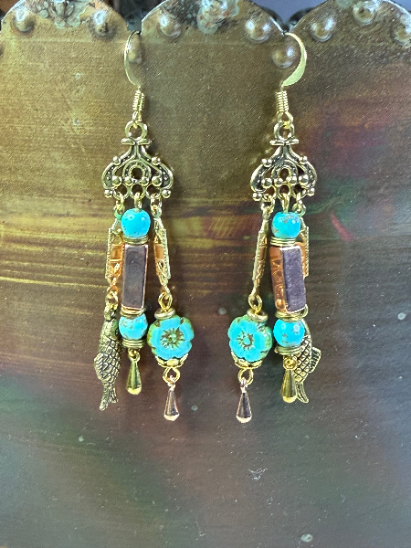 golden fish turquoise floral charming earrings