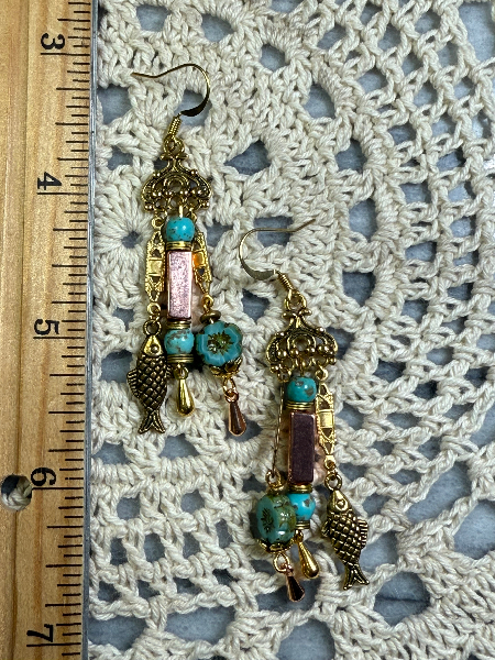 golden fish turquoise floral charming earrings