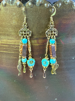 golden fish turquoise floral charming earrings