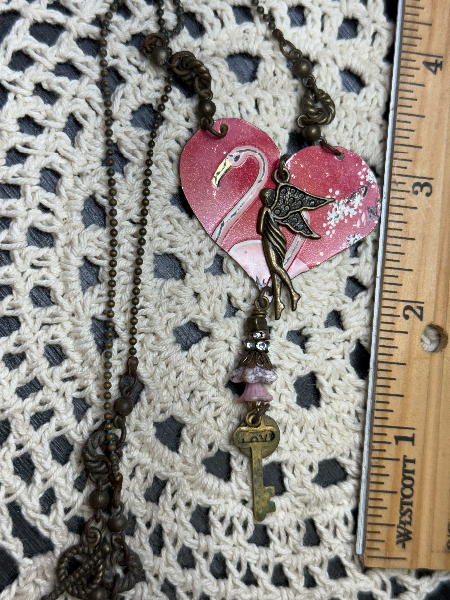 vintage flamingo heart tin, necklace