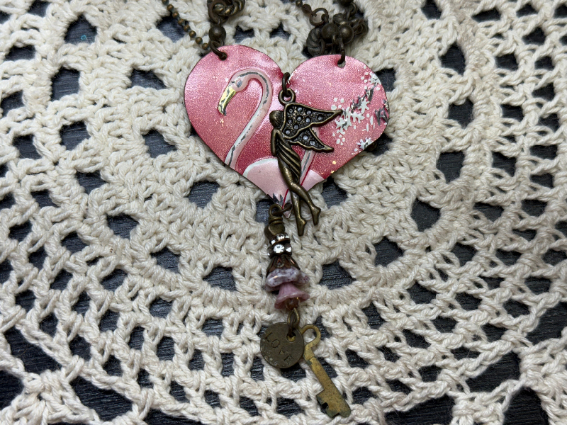 vintage flamingo heart tin, necklace