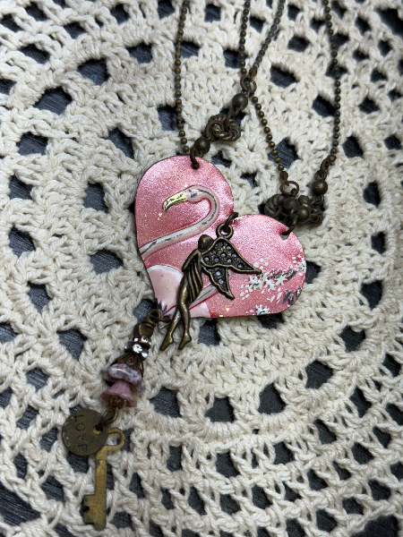 vintage flamingo heart tin, necklace