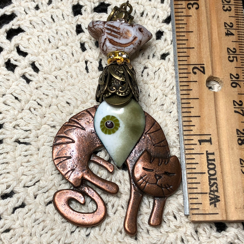 copper cat, olive leaf, white bird necklace pendant