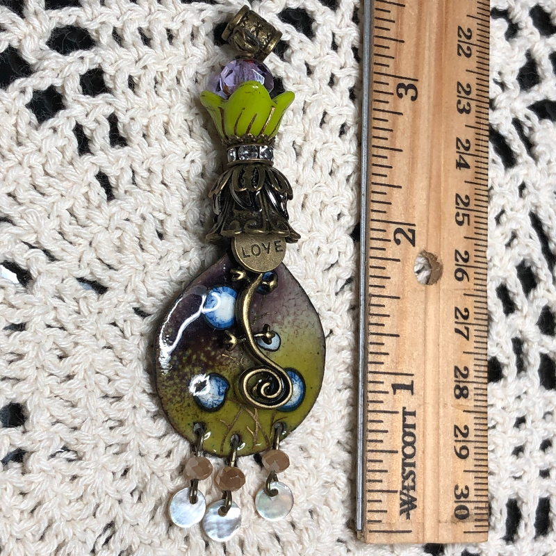 rustic urban gecko, pussy willow flower enameled necklace pendant