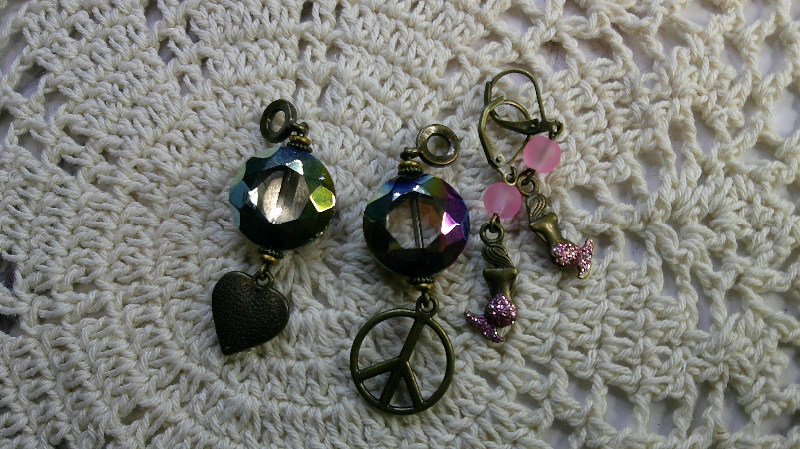 gift sets- mermaid earrings, colorful glass peace & heart pendants