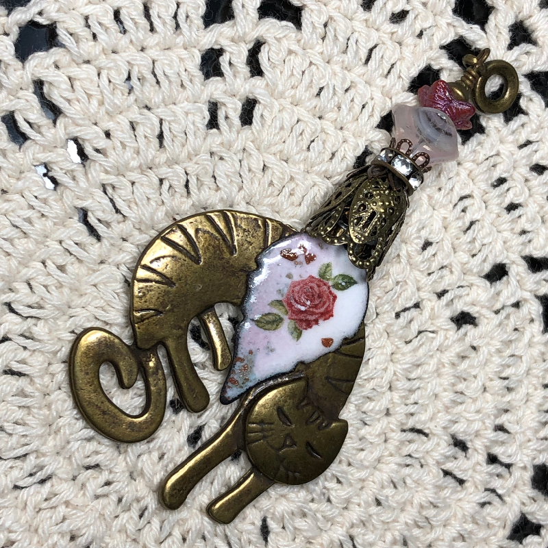 bronze cat, red rose leaf necklace pendant