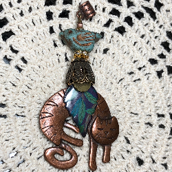 copper cat, purple leaf, teal bird necklace pendant