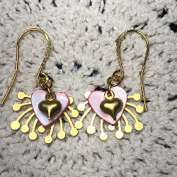 love celebration, vintage pink heart shell, gold heart earrings