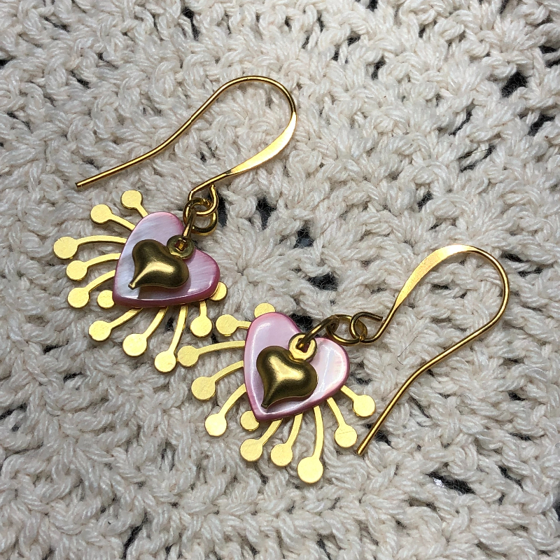 love celebration, vintage pink heart shell, gold heart earrings