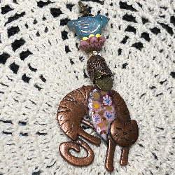 copper cat, pink & gold floral leaf, blue bird necklace pendant
