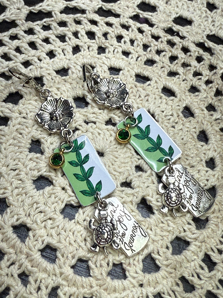 leaf, vintage tin, charming, turtle earrings