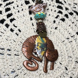 copper cat, yellow floral leaf, white bird necklace pendant
