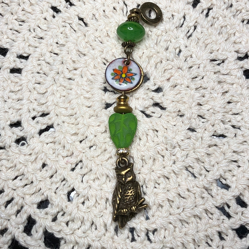 wisdom of the east-owl & enameled flower necklace pendant