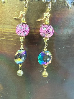vintage estate pink ball & multicolored glass, drop earrings