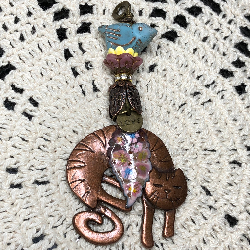 copper cat, pink leaf, blue bird necklace pendant
