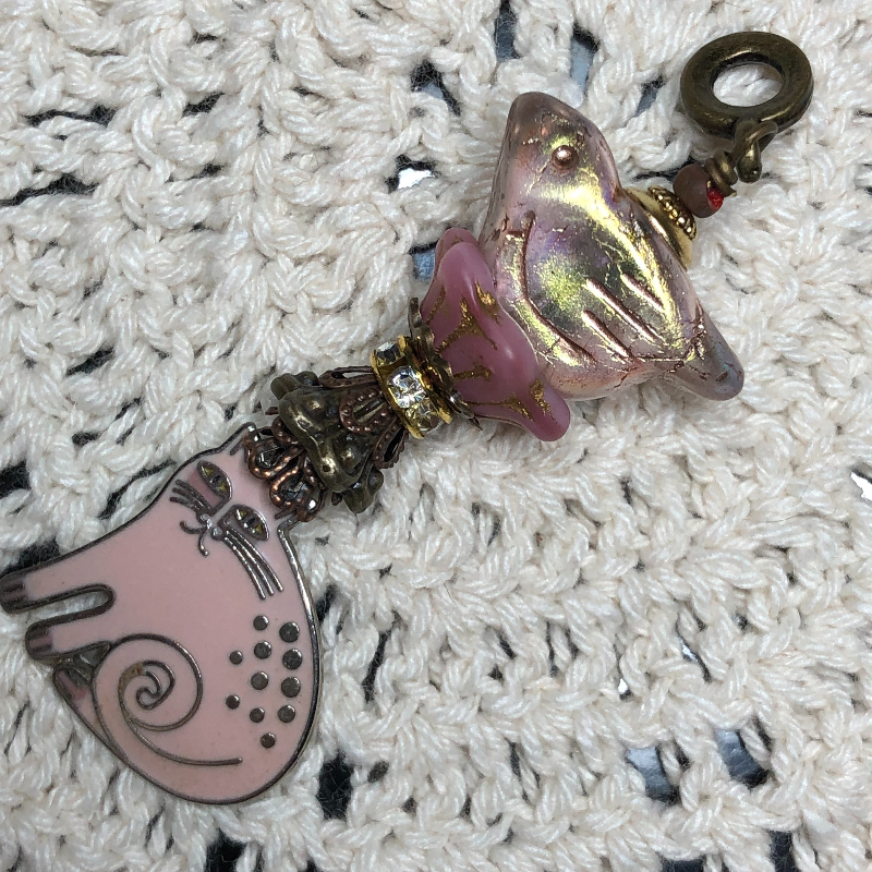 pink enameled cat, glowing bird two, necklace pendant