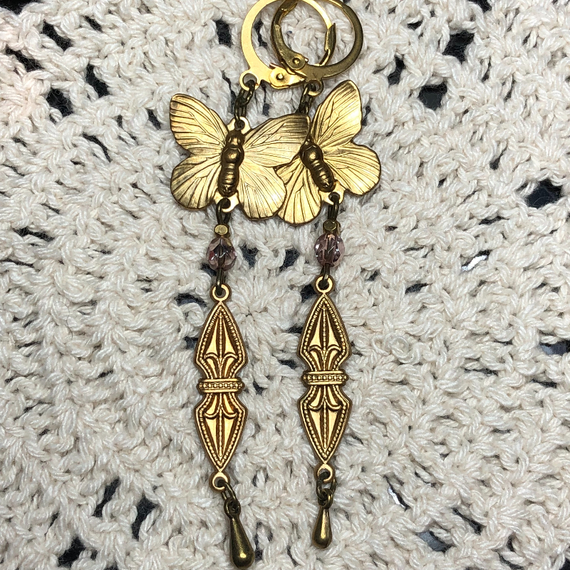 brass butterfly pink drop earrings