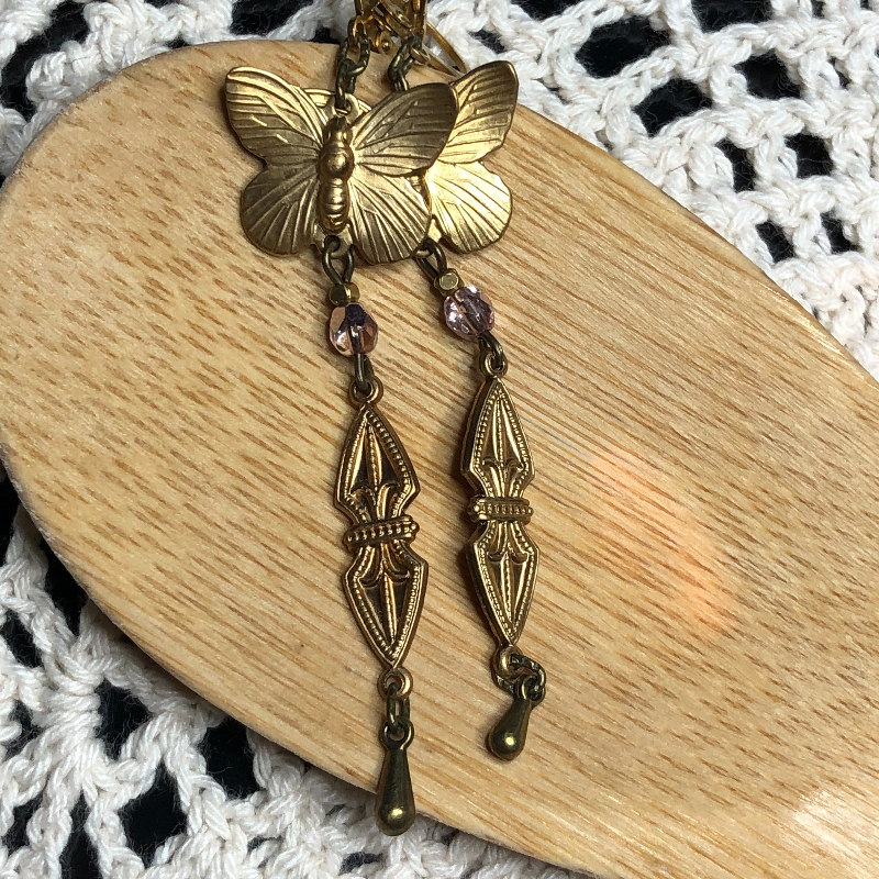 brass butterfly pink drop earrings