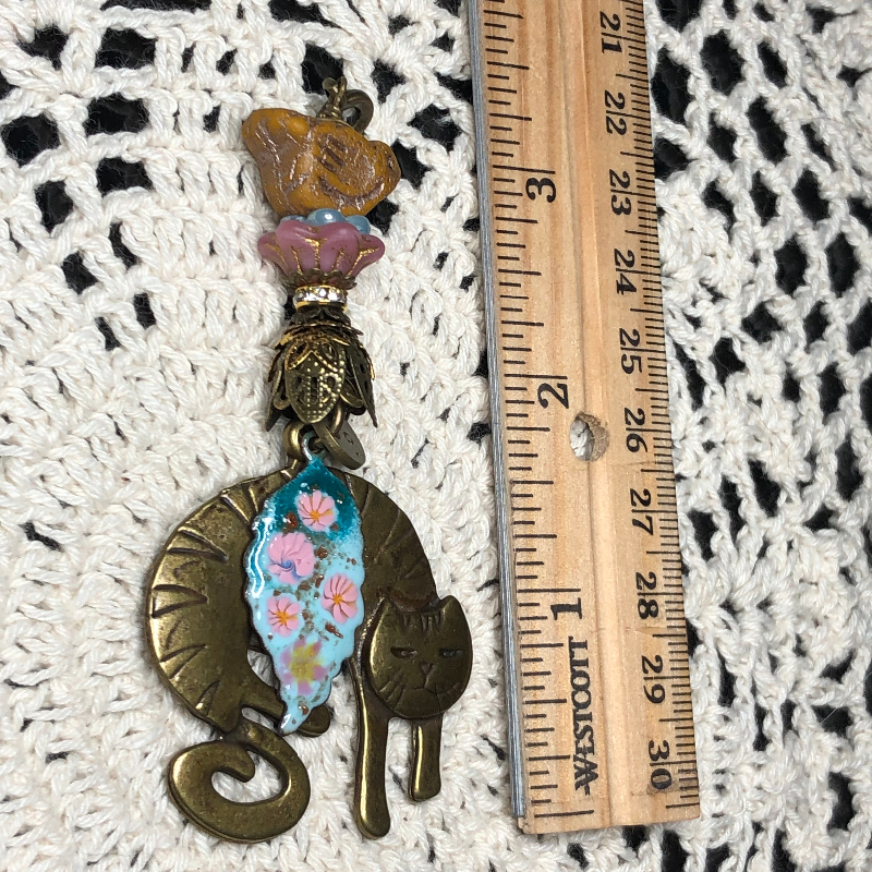 bronze cat, teal floral leaf, earth bird necklace pendant