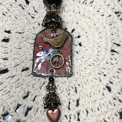 peace, love, woodstock bird enameled floral necklace pendant