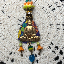 buddha in transformational ecstasy, kyanite , vintage tin necklace pendant