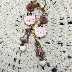 pink cat & white heart drop earrings