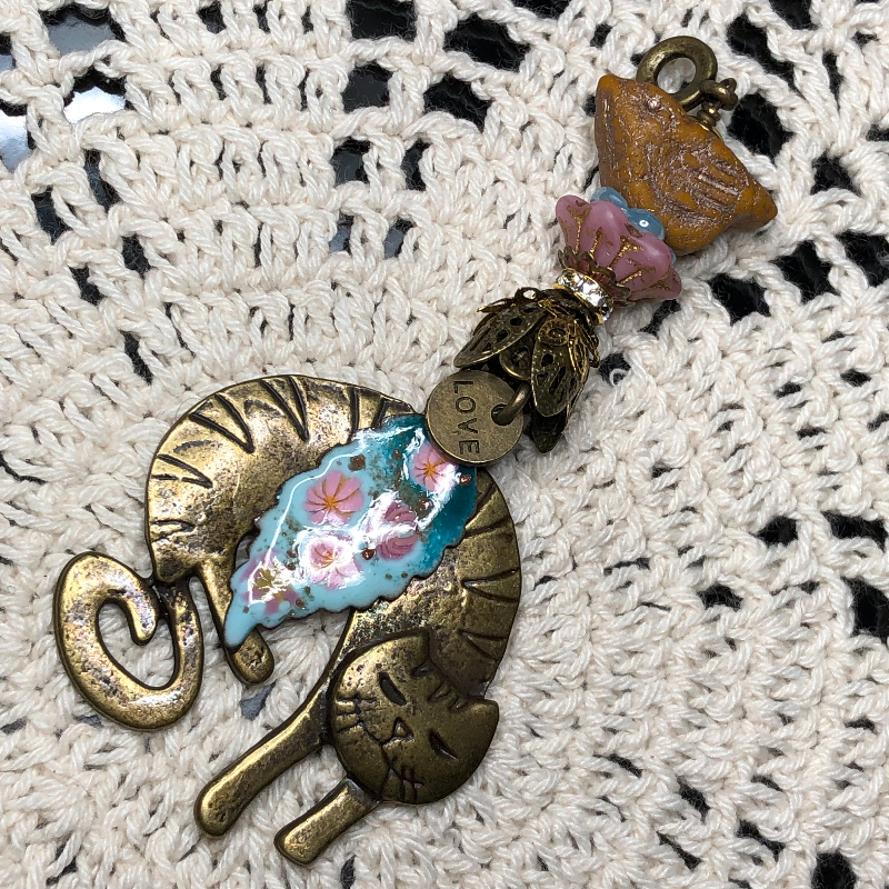 bronze cat, teal blue & pink floral leaf, earth bird necklace pendant