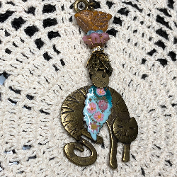 bronze cat, teal blue & pink floral leaf, earth bird necklace pendant