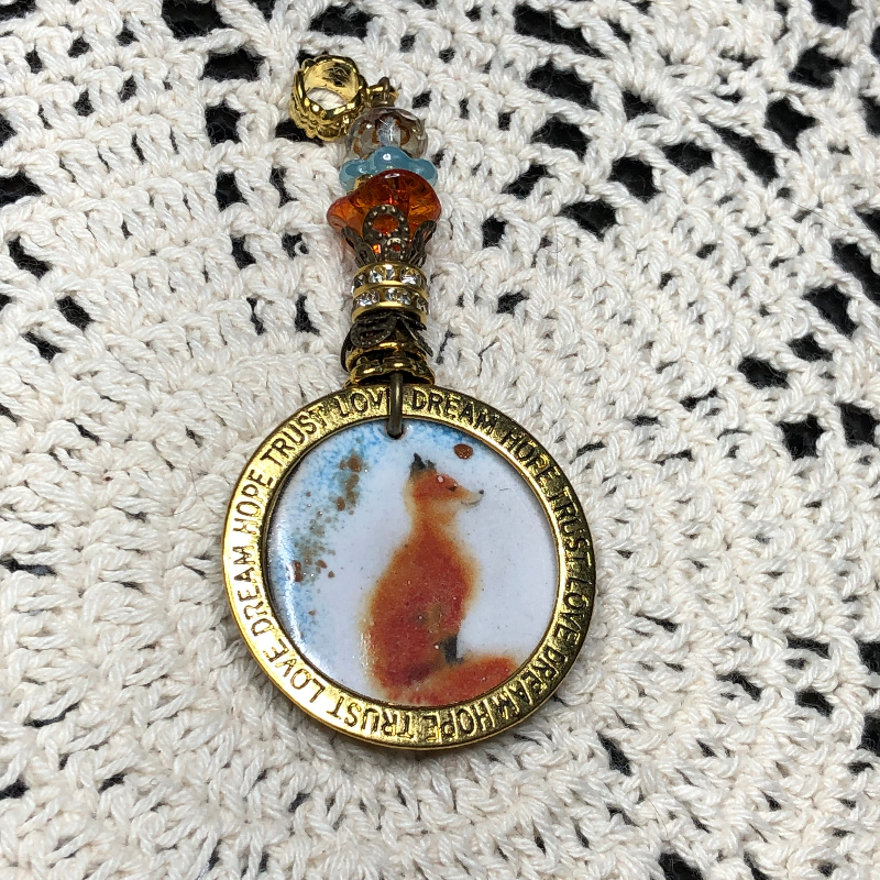 clever, fox enameled necklace pendant