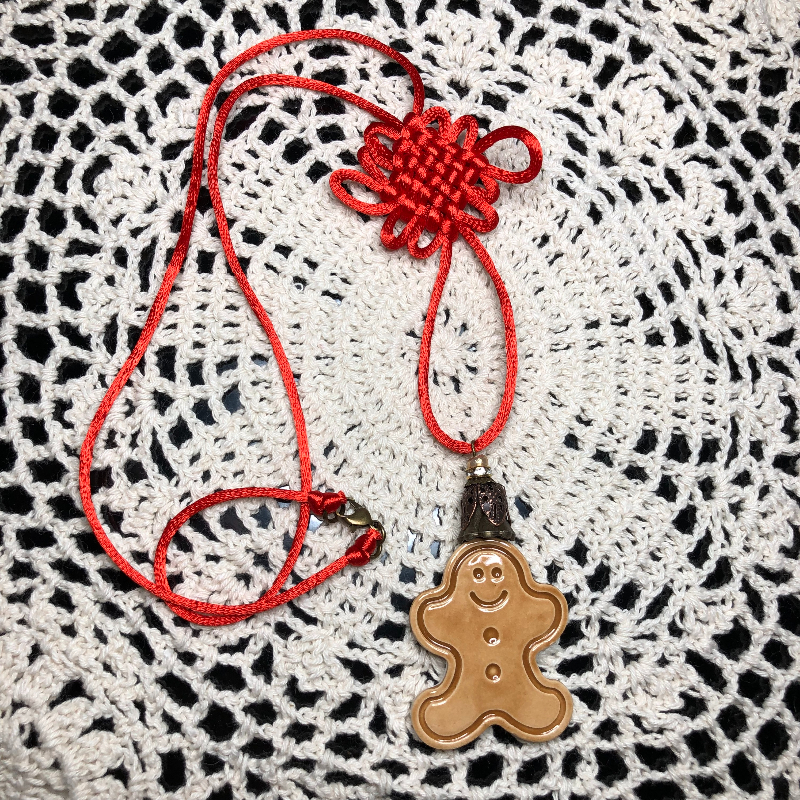 gingerbread ceramic pendant, oriental corded necklace