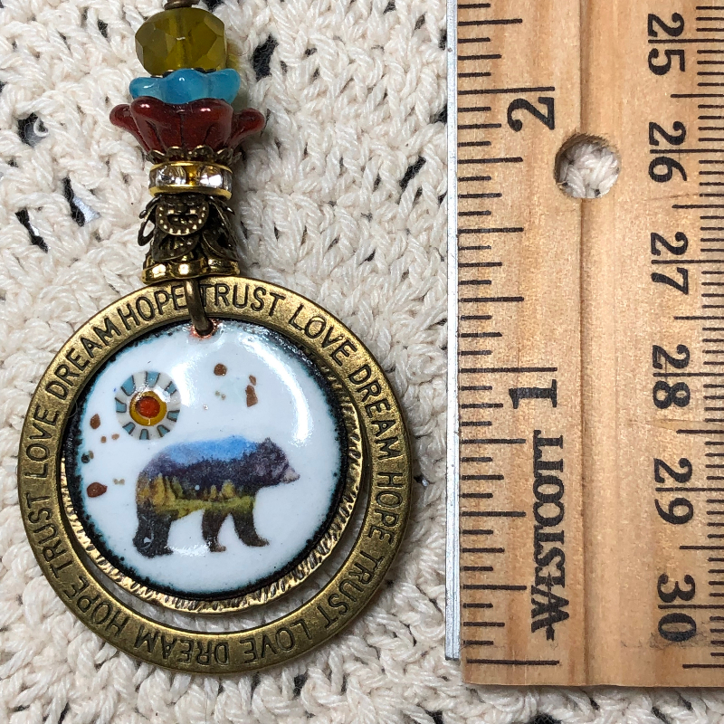 courage, enameled bear necklace pendant