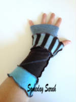 Blue Patterned Recycled Wool Arm Warmers Fingerless Gloves