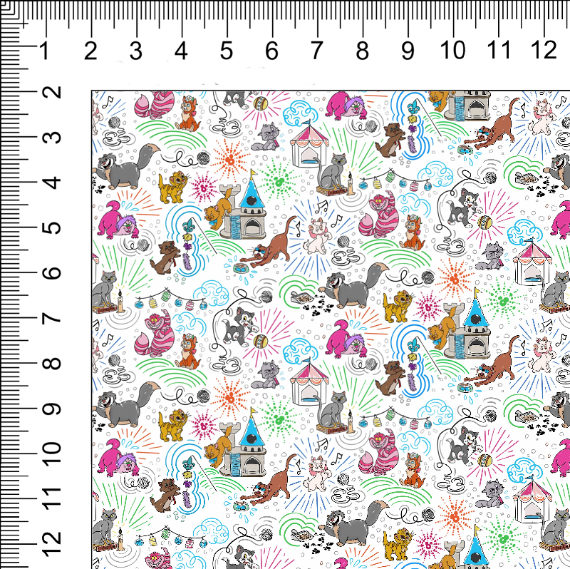 1yd cut Mini White Sketchy Cats cotton lycra Retail