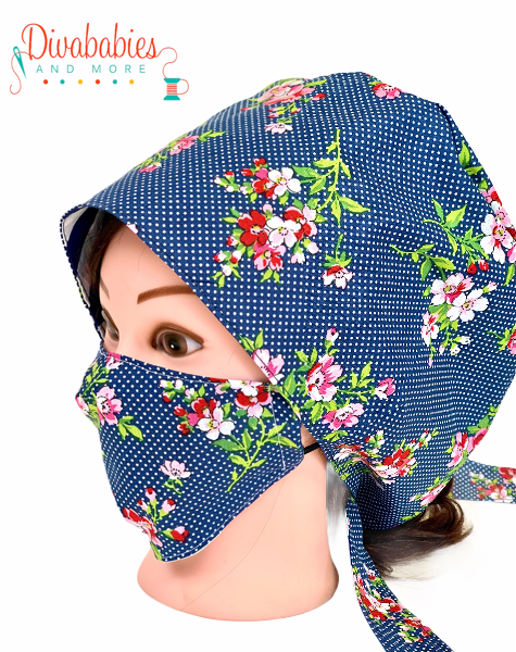 Custom Blue Floral Surgical Cap & Mask Set