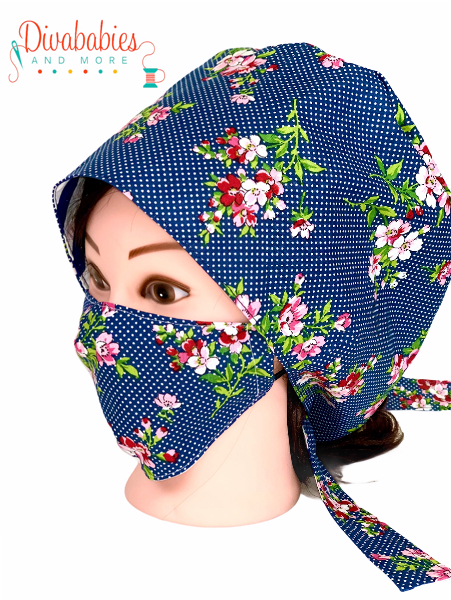 Custom Blue Floral Surgical Cap & Mask Set