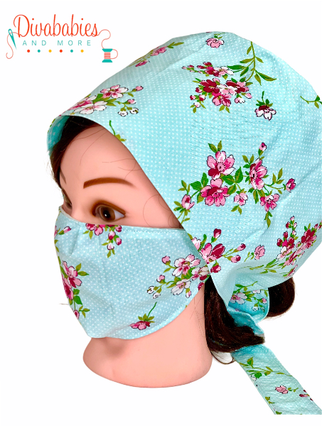 Custom Aqua Floral Surgical Cap & Mask Set