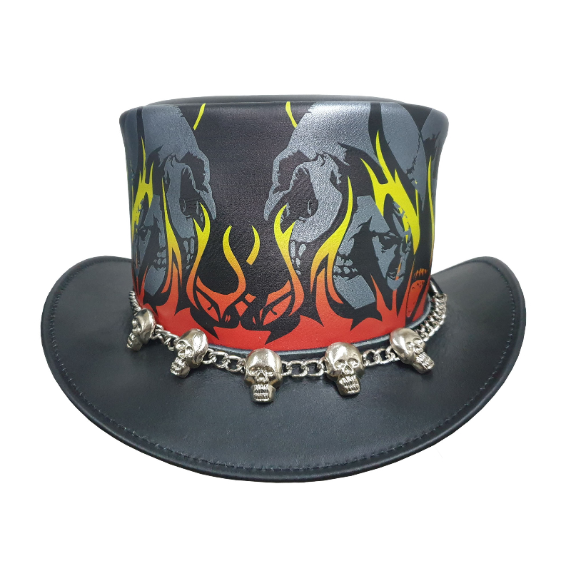 Burnin Hell Skull Leather Top Hat